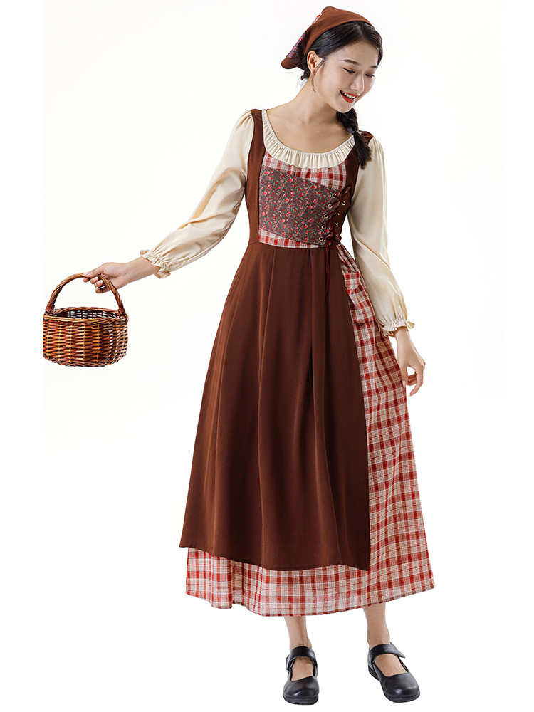 Traditional Dirndl Costume Dress With Cream Long Sleeves And Ankle Length
